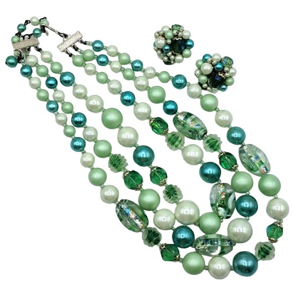 Vintage Foil Art Glass Beaded Necklace Earrings Japan Multi-Strand Set Signed Vi - Picture 2 of 12
